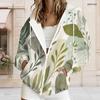 Women Plus Size Zip Up Drawstring Hoodie Tropical Leaf Printed Long Sleeve Sweatshirt With Pockets