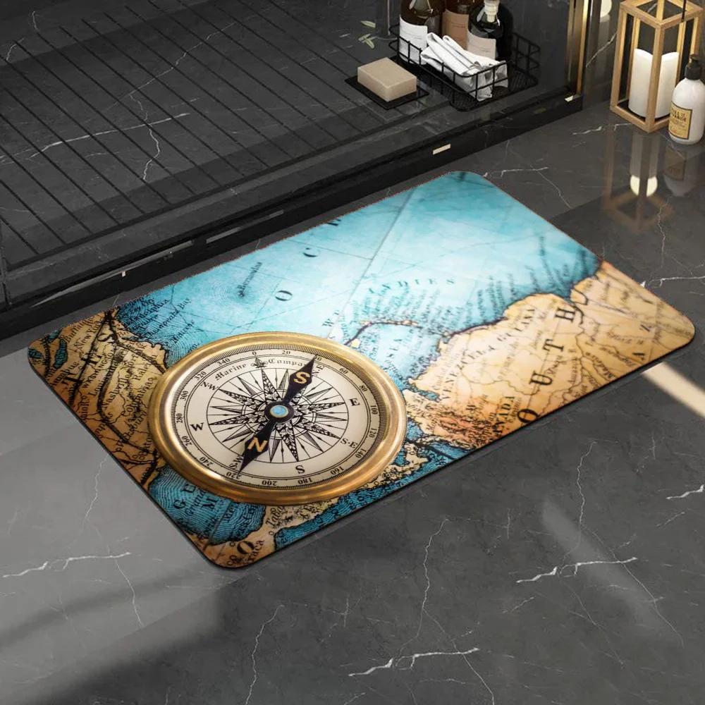 1pc Retro Navigation Map Bathroom Absorbent Mats Anti-Slip Mats Home Decor Supplies Carpets Home Kitchen Floor Mats
