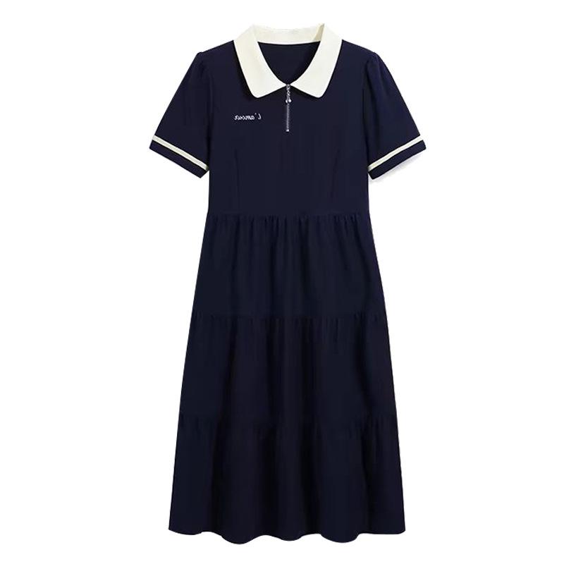 Korean Style Color Block Maternity Dress: Puff Sleeve, Letter Embroidery, Waist-Cinching L бежевый/тёмно-синий