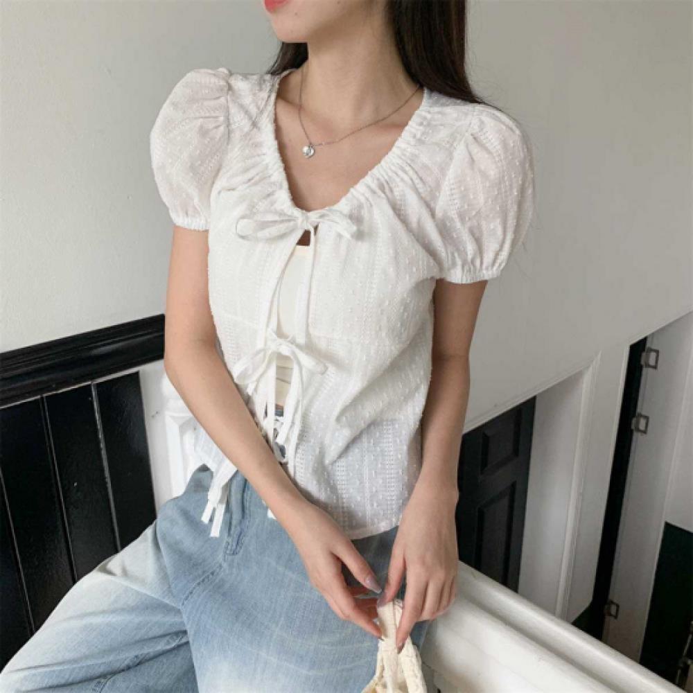 New ArrivalS Open Run Women S Lace Ribbon Strap Short Sleeve Cotton blouSe
