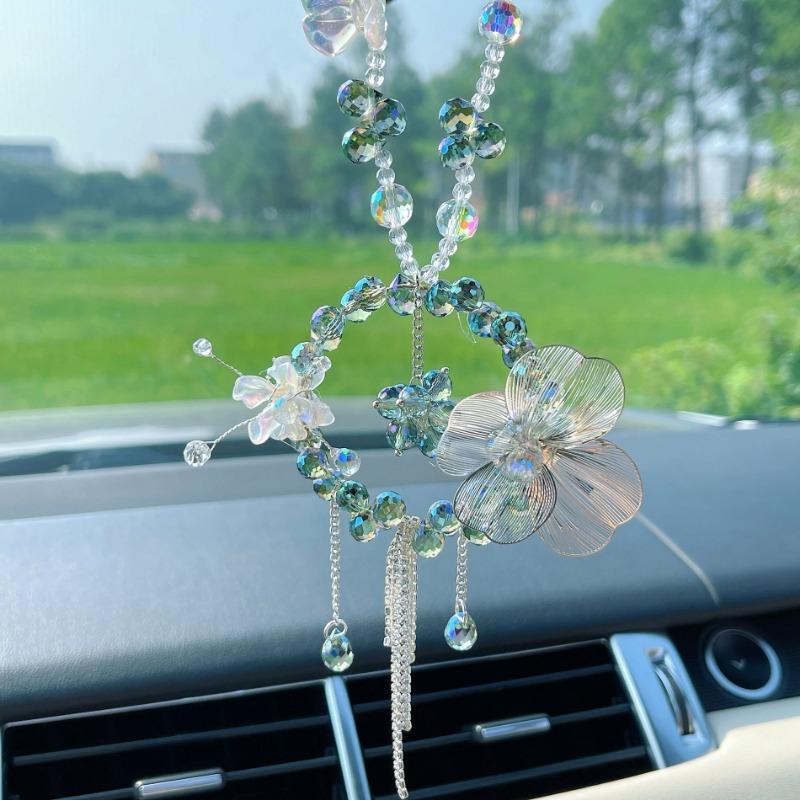 Women S Crystal Flower Car Rearview Mirror Pendant Car Decoration