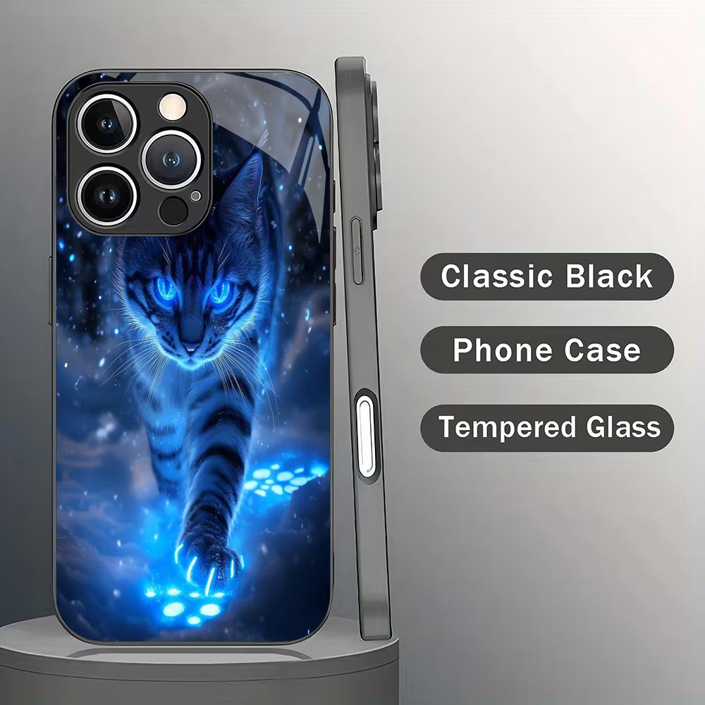 Blue Light Cat Tempered Glass Phone Case Suitable for iPhone17 16 15 14 13 12 11Pro Max Plus Anti Drop and Shockproof Back Cover