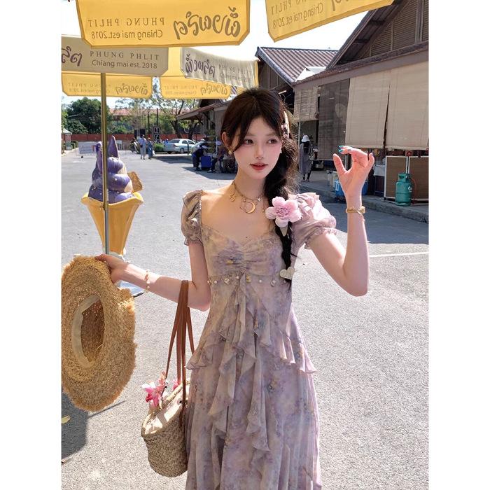 

Super fairy elegant holiday dress niche French floral lotus leaf edge skirt summer smudging temperament showing thin long dress XL фіолетовий