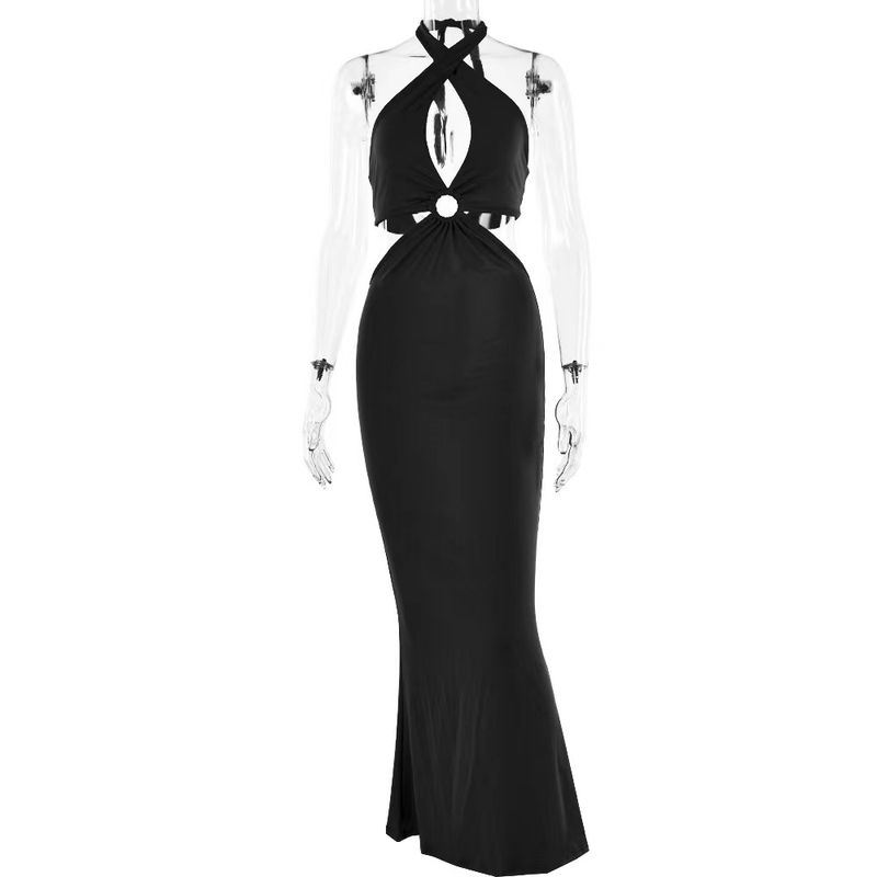 

European and American Sexy Hanging Neck Bandage Backless Dress Sexy Hanging Neck Open Back Dress Black L