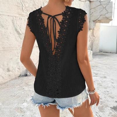 Top Colete Feminino Novo de Verão com Gola Redonda, Costura e Renda Vazada