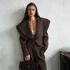 Women's Avant-garde Solid Color Set Oversized Lapel Deep V Neck Long Sleeve Crop Top High Waist Wide Leg Pants