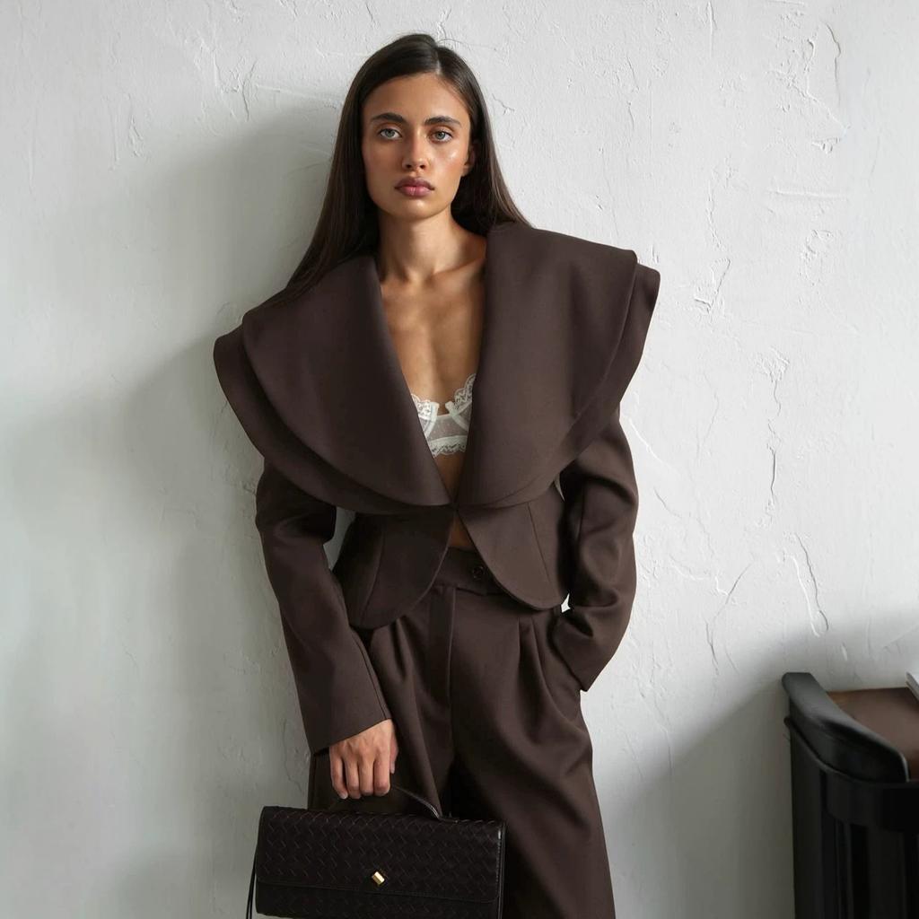 Women's Avant-garde Solid Color Set Oversized Lapel Deep V Neck Long Sleeve Crop Top High Waist Wide Leg Pants