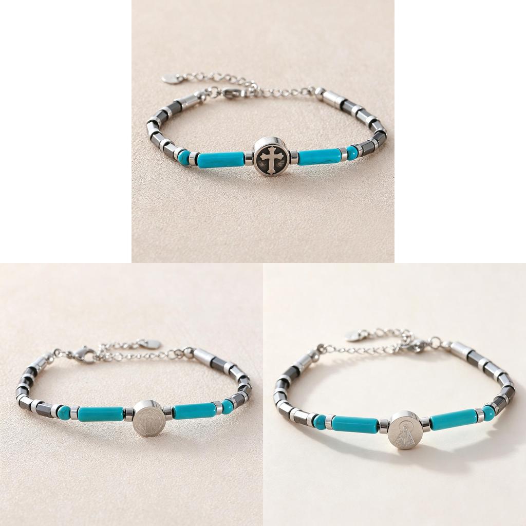 Mens Black Stainless Steel Cross Bead Bracelet With Turquoise Stone For Fashion And Gift