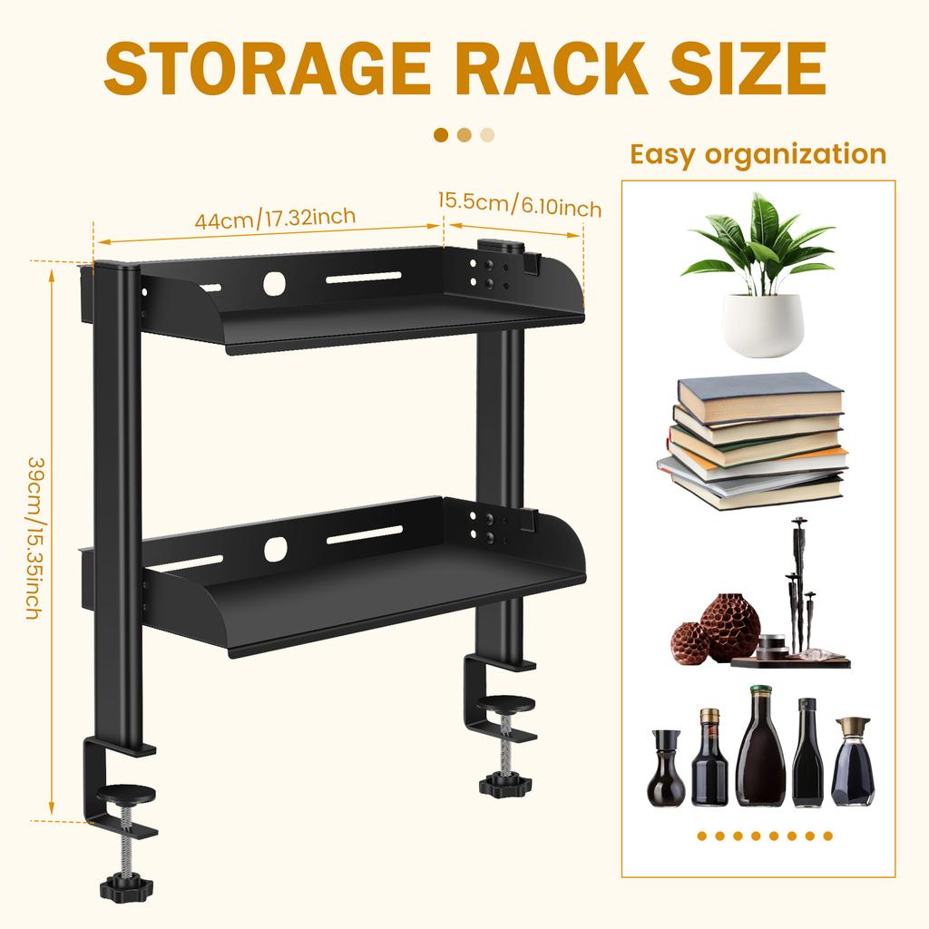 2 Tiers Clamp-on Desk Shelf No Drill Desk Organizer Rack Space Saving Adjustable Metal Computer Desktop Clamp High Load-Bearing