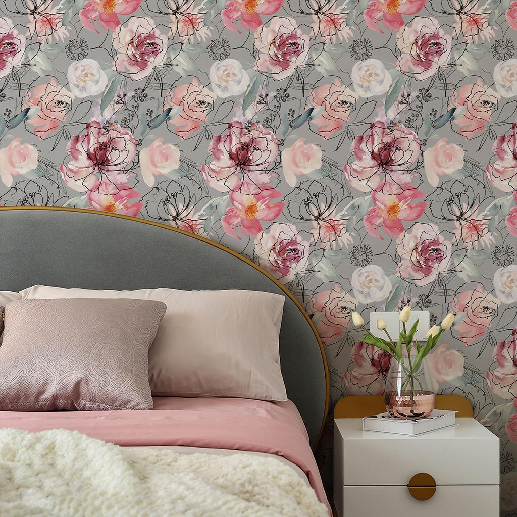 Grey Watercolor Floral Line Wallpaper Self-adhesive Furniture PVC Cabinet Sticker Peel And Stick Flower Kitchen Bathroom Decor