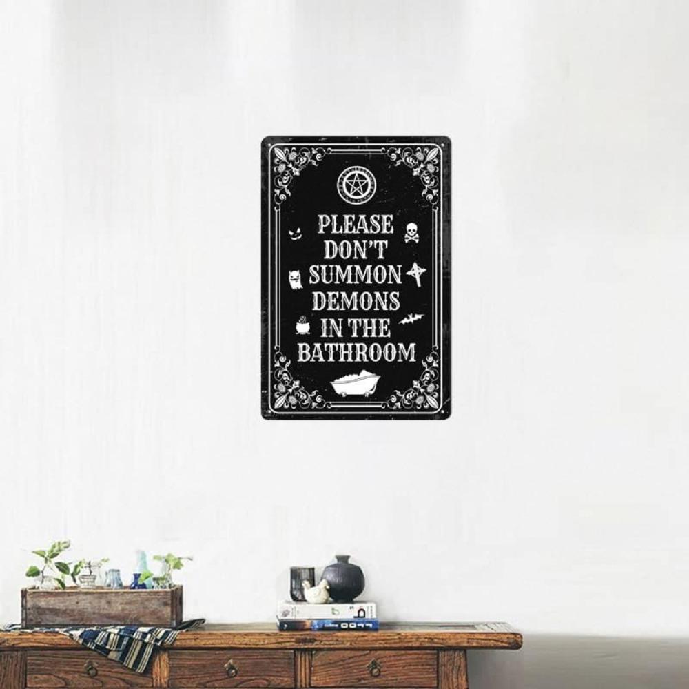 POBBUK Halloween "Please Don't Summon Demons In The Bathroom" Metal Sign - Funny Dark Humor Goth Witchy Bathroom Wall Decor