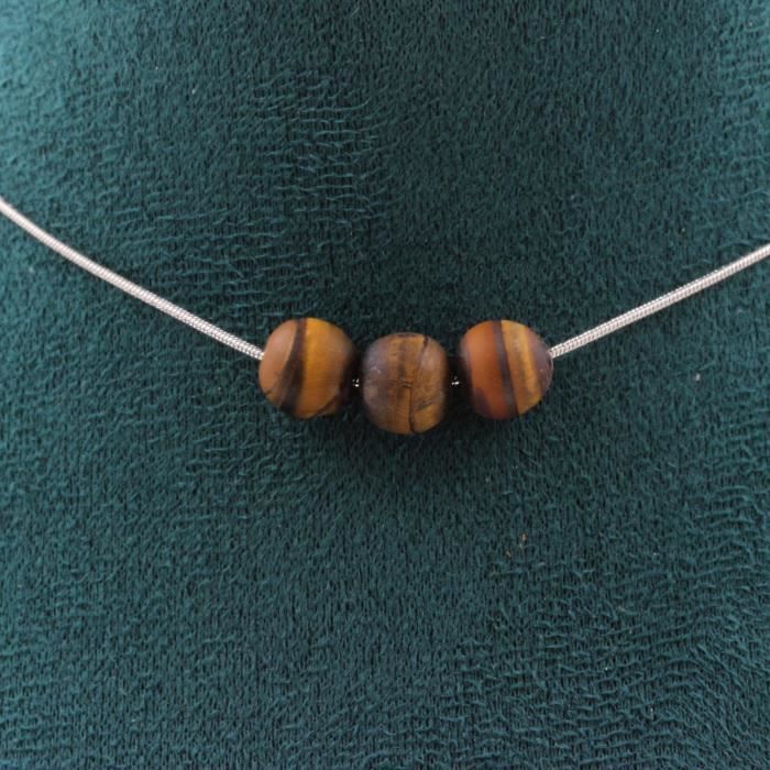 Collier - ABIJOUX - Oeil de Tigre - 3 perles 8 mm - Acier inoxydable - Longueur 45 cm