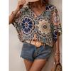 Summer new printed T-shirt bat sleeve women's shirt top V-neck short sleeve