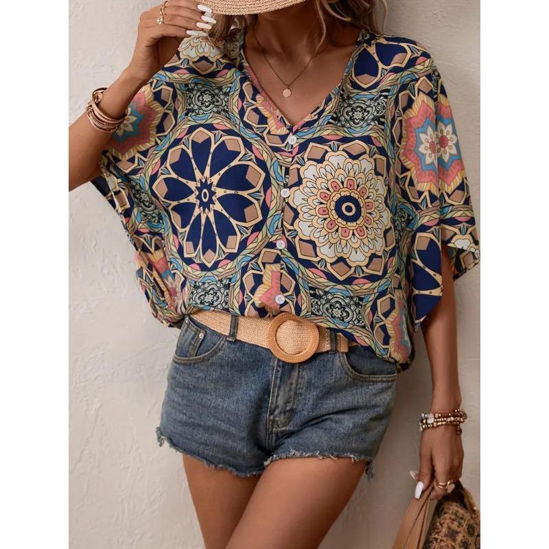 Summer new printed T-shirt bat sleeve women's shirt top V-neck short sleeve