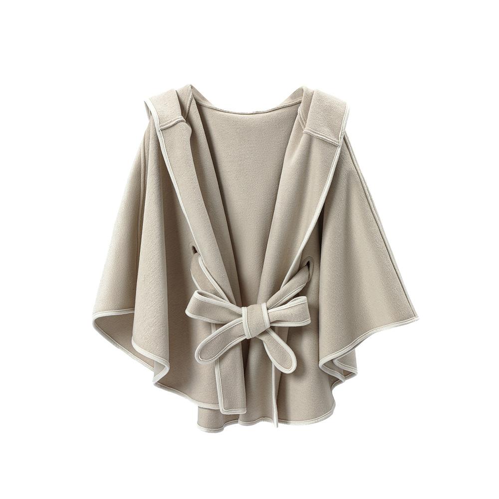 Damen Doppelseitiger Wollähnlicher Kapuzen-Cape-Schal, Poncho-Wickelmantel mit Schleifenband, 143×123cm Dicke Warme Oberbekleidung für Herbst Winter