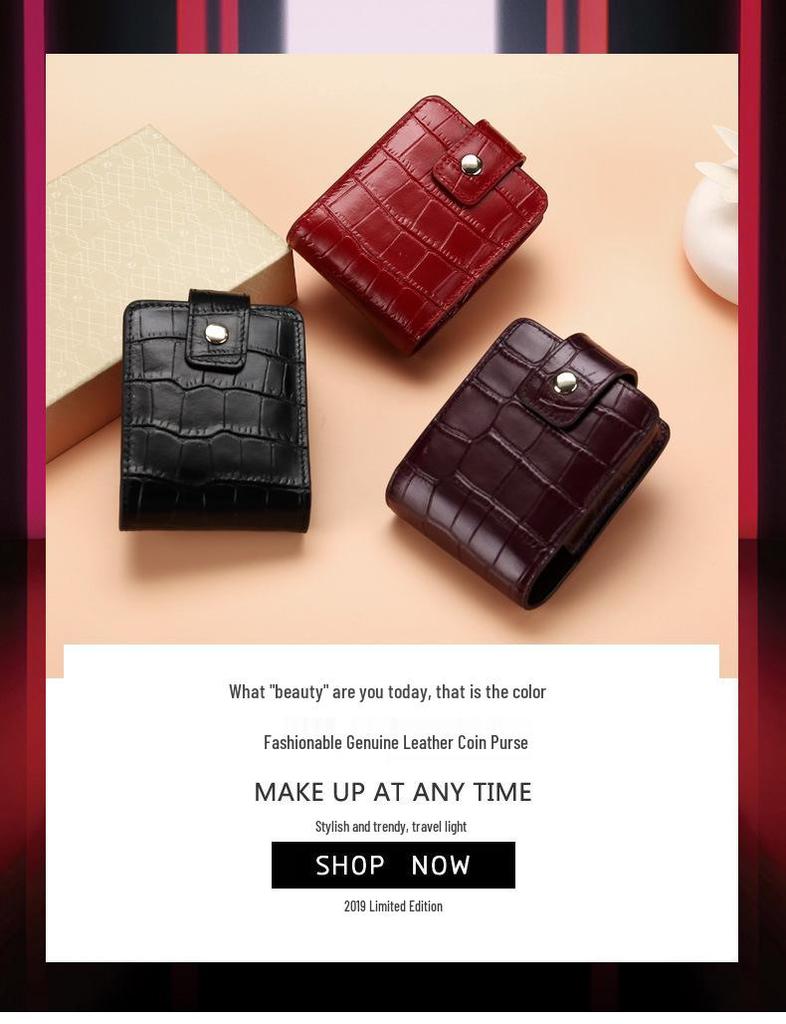 Crocodile Pattern Portable Cowhide Makeup & Coin Pouch with Mirror