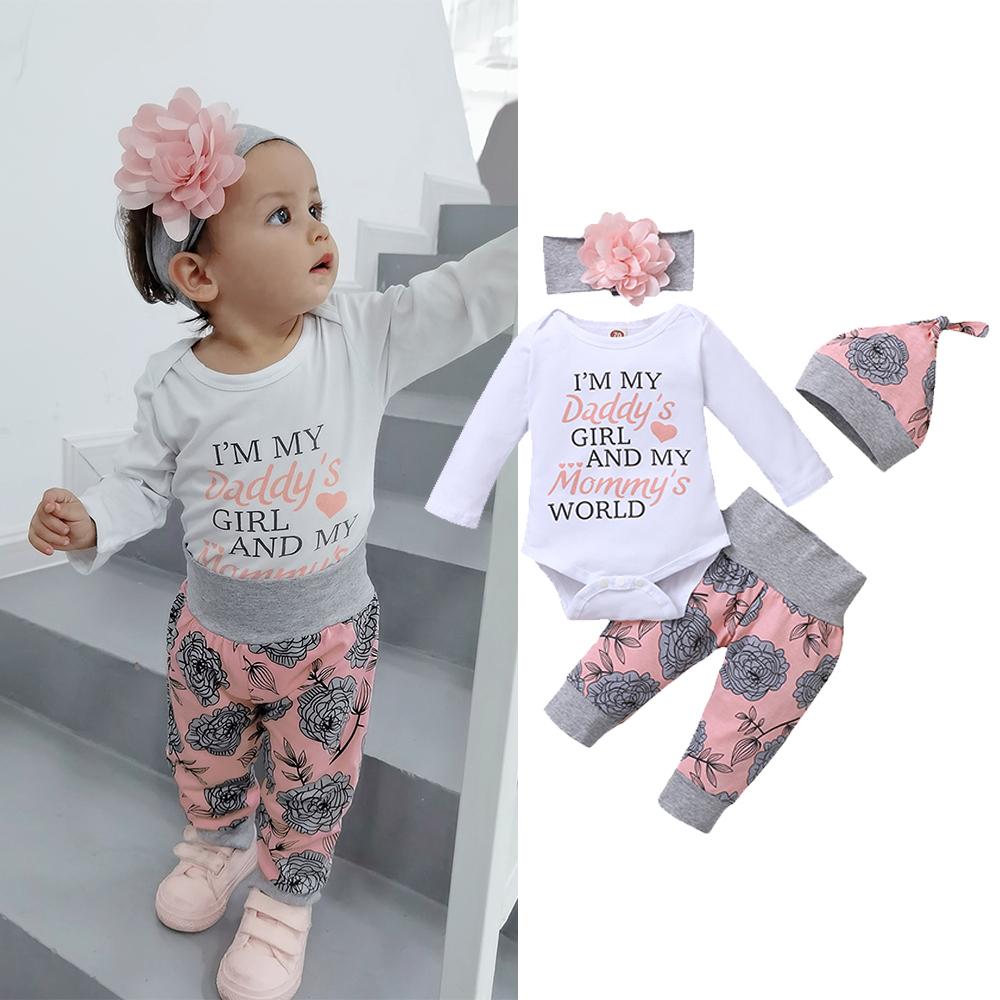 0-18 Monate Neugeborenes Baby Mädchen Kleidung Langarm Strampler Rose Hose mit Mütze & Stirnband Frühling 4-teiliges Outfit Kleinkind Mädchen Kleidung