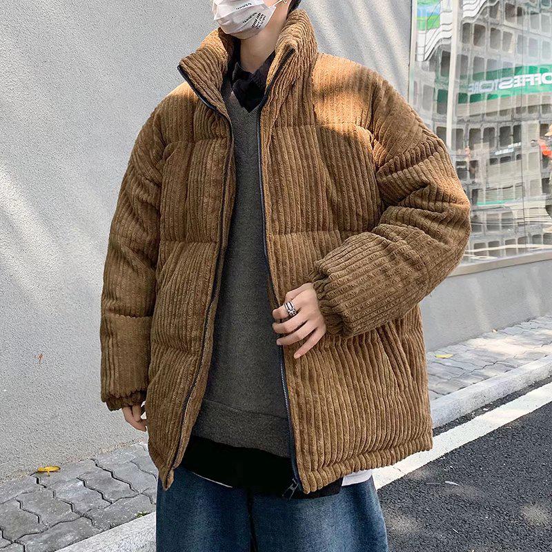 Men's Striped Cotton Winter Coat with Stand Collar and Thick Fleece, Couple's Style.