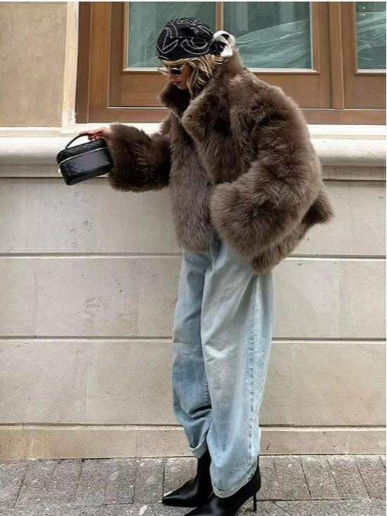 Cappotto invernale alla moda europea e americana da donna 2024, in finta pelliccia marrone