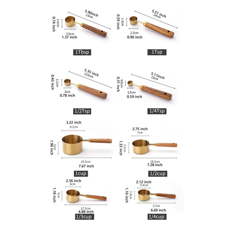 4 Stück/8 Stück Messbecher und Messlöffel mit Holzgriff, Edelstahl, Goldfarbenes Messlöffel- und Messbecher-Set