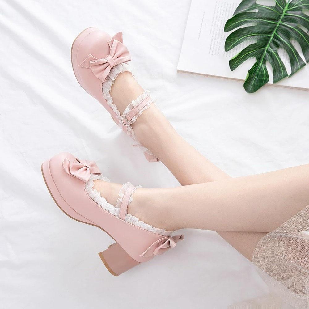 Women Kawaii Mid Block Heel Mary Jane Rockabilly Pumps with Bow Platform Chunky Heel Cute Sweet Shoes
