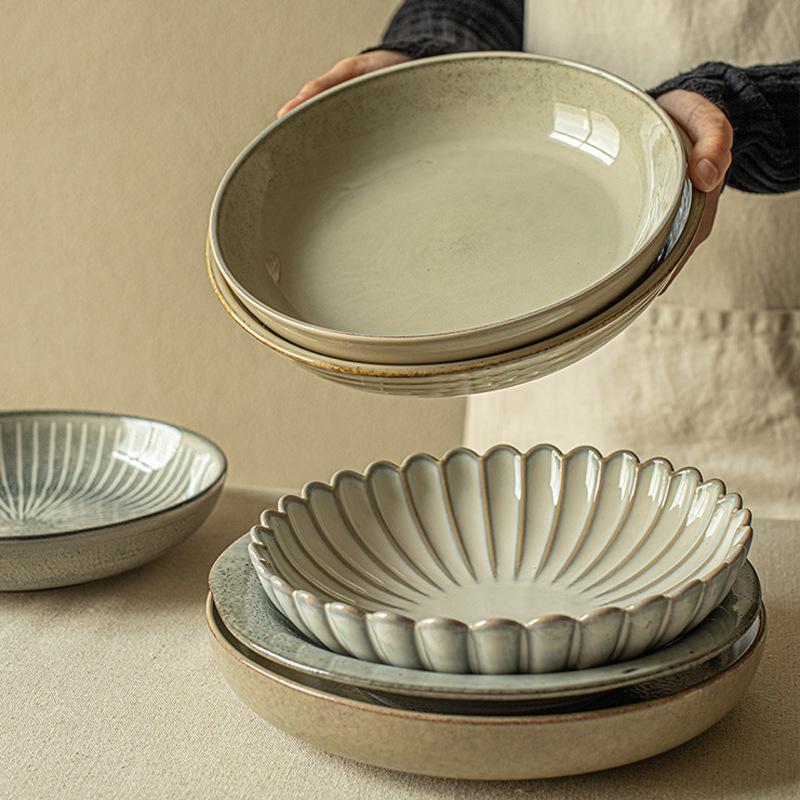 Japanese Retro Versatile Household Deep Plate Set High Value Ceramic Thickened Vegetable Plate Salad Plate Breakfast Plate Tableware Plate