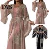 Shiny Bronzing Gown 2 Pcs/Set Women Evening Dress Big Swing Bronzed Cardigan Slip Wedding Guest Attire Set See-through Mesh Long Sleeve Coat Cocktail