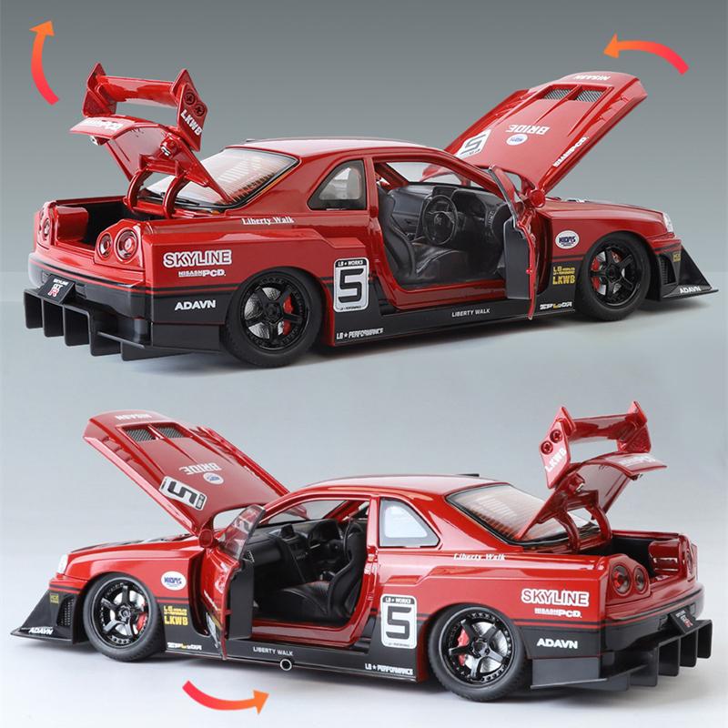 1/24 Nissan Skyline Ares GTR R34 Upravená Široká Karoserie Model Sportovního Auta ze Slitiny Odlévaný Model Závodního Vozidla Zvuk Světlo Dětský Dárek