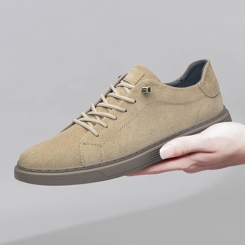 

Low-top round head lace-up men s shoes cow two-layer leather board shoes British trend casual versatile sports shoes 47 бежевий