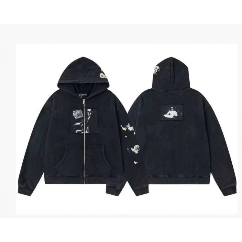 Mens Oversized Streetwear Hoodie With Distressed Zipper Graphic Print Cotton Long Sleeve Pullover Casual Wear