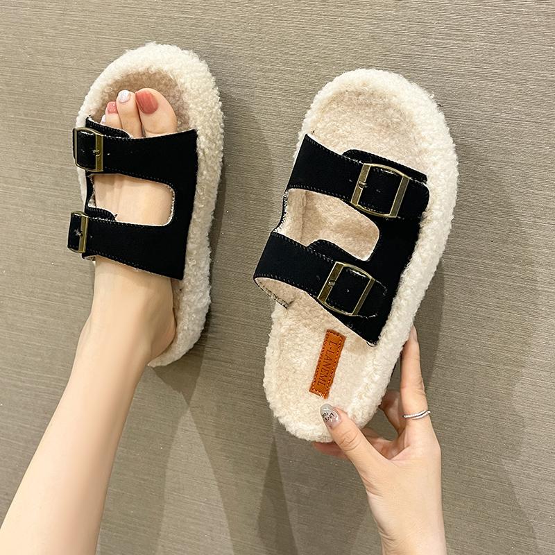 Fashion Women's Slippers Fur Plush Platform Wear Non-slip Slippers Casual Fashion Pin Buckle Roman Flip-flops Winter New Style