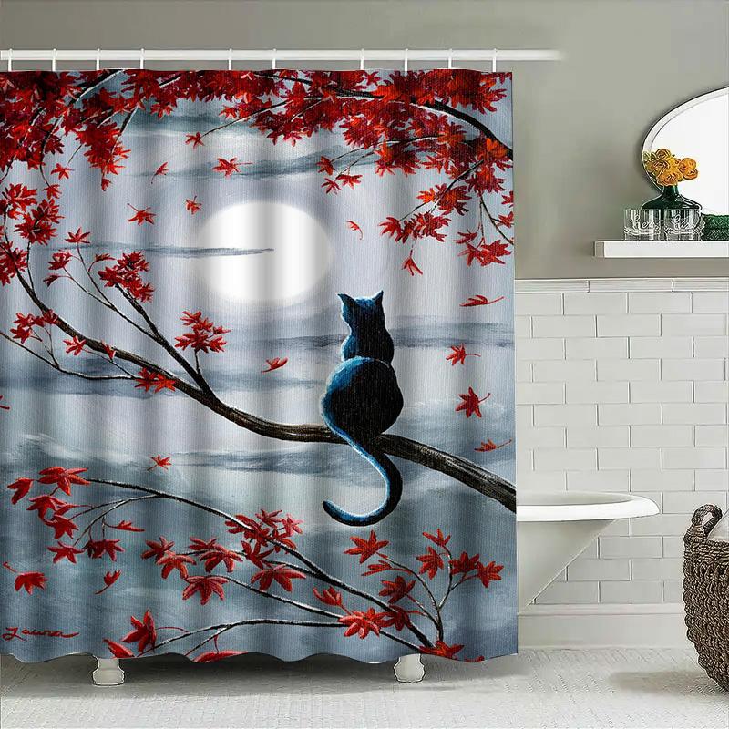 Whimsical Cat Moonlit Night Shower Curtain: Red Maple Leaves And Blue Sky Pattern Decor For Bathroom Home Decoration In Modern D