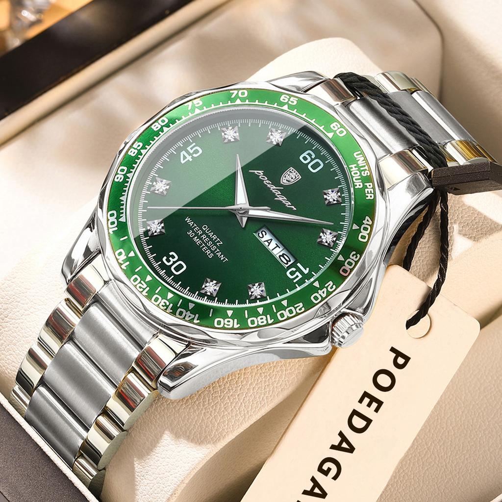 POEDAGAR Fashion Luxury Man Clock Waterproof Luminous Date Week Wristwatch Stainless Steel Quartz Business Watches for Men