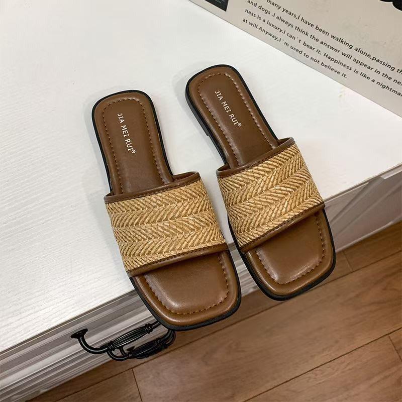 Cool Slippers Women'S Summer French Sandals Beach Soft Soled Outer Shoes Small One Word Flat Bottom Weaving