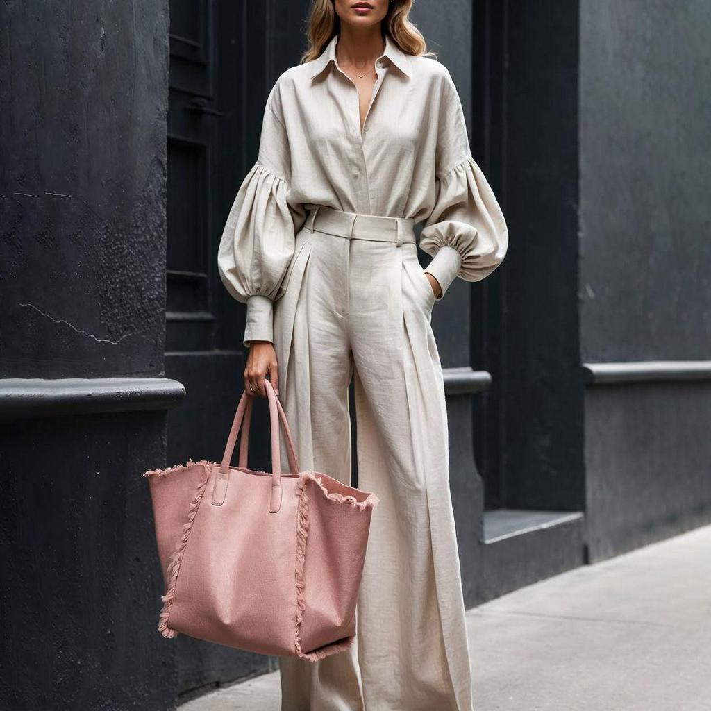Autumn 2025 Solid Color Cotton Linen Two-Piece Set: Long Sleeve Shirt & Wide Leg Pants