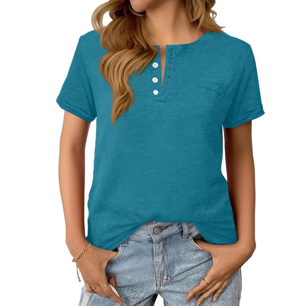 Women's Fashionable Casual Summer V-neck Button Short-sleeved Top