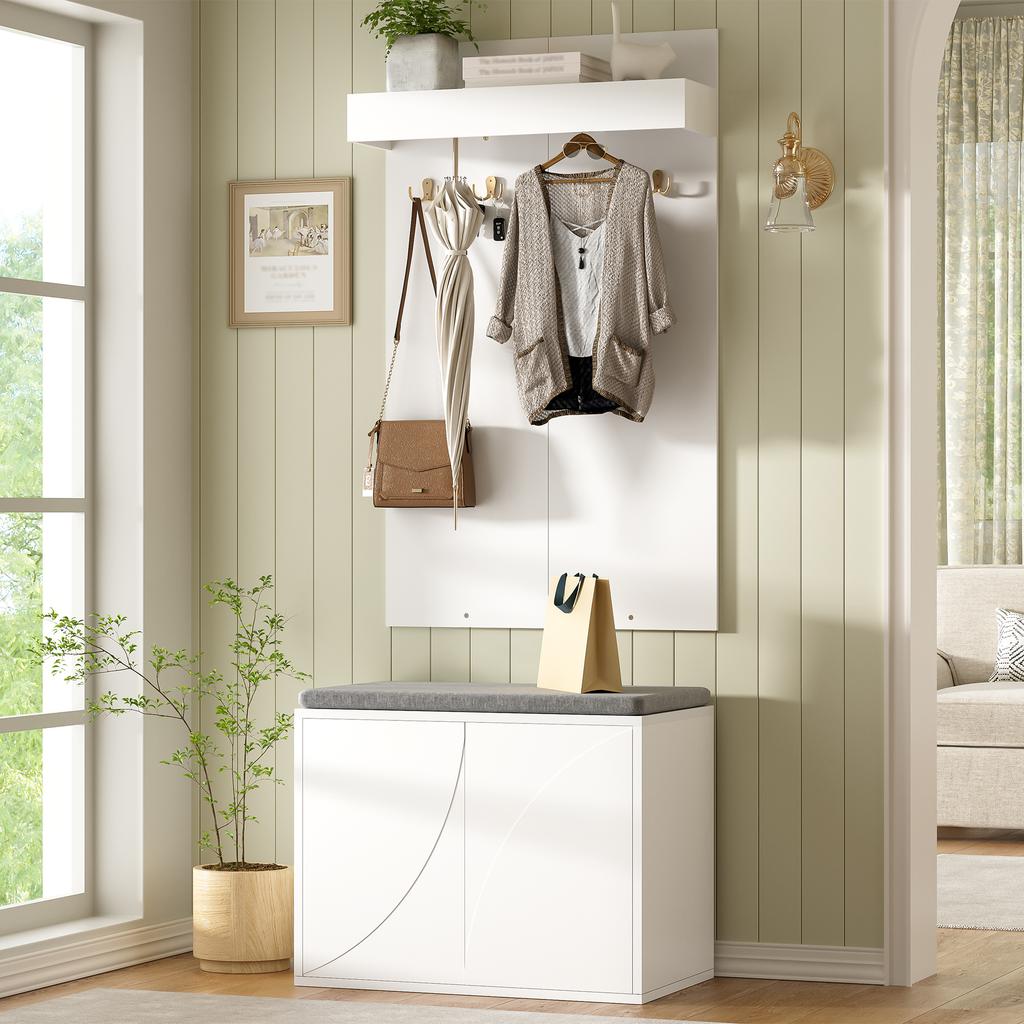 Coat Rack Set 3-in-1 Set – Clothes Rack with Integrated 4 Hooks, Shoe Cabinet with Two Doors and Shoe Bench. White,60×35×(45+100)cm