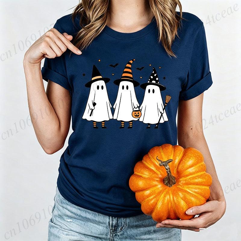 Women Halloween T Shirt Ghosts with Witch Hats Graphic Tees Family Matching Bat Pumpkin Short Sleeve Tops Halloween Party Tshirt