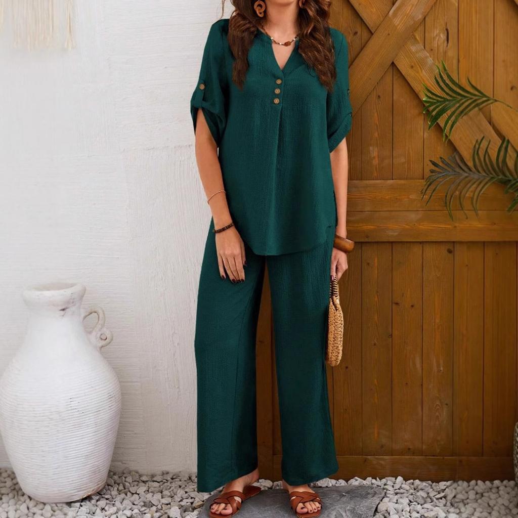 Women's Loose Casual Suit Set, Color Short,Sleeve Pants Set