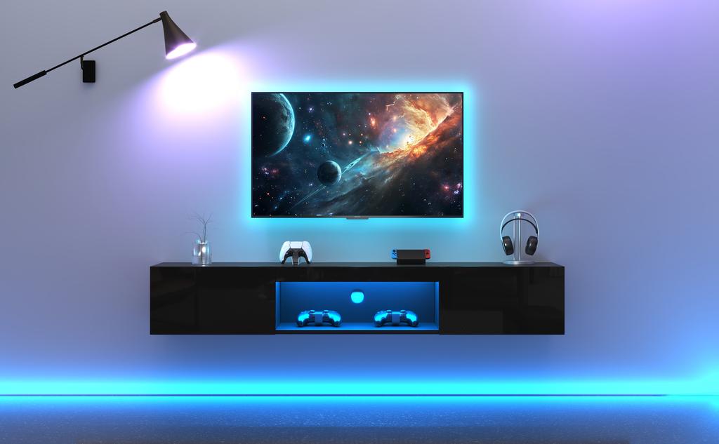 160*31*22cm Hochglanz Wandhängeschrank, TV-Ständer und TV-Schrank mit LED-Beleuchtung, Lowboard, für 70-Zoll-Fernseher, 35kg Tragkraft, Schwarz