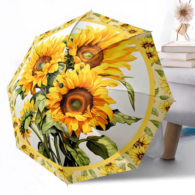 Sunflower Garden Plate Outdoor Automatic Umbrella Folding Umbrella with 8 Ribs Durable Plastic & Iron All-Season Use Vibrant Pattern Umbrella