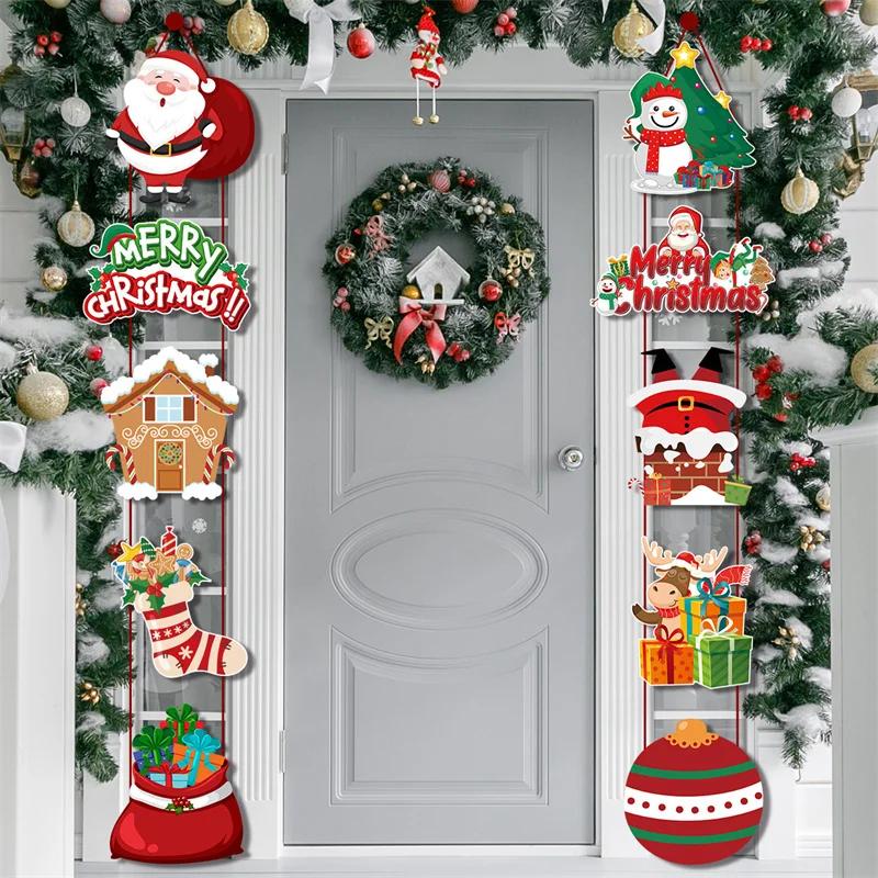 1pair Merry Christmas Decoration Door Hanging Banner Santa Claus Elf Couplet Xmas Hanging Decor For Yard Front Door Xmas Gifts