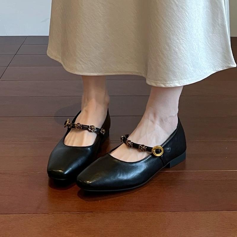 

Мода 2025 Новые туфли Мэри Джейн из натуральной кожи на плоской подошве для женщин, квадратный носок, металлическая отделка, плоский каблук, женские туфли для повседневной ходьбы 35 чёрный