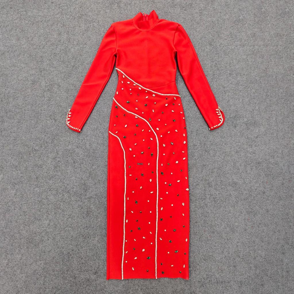 Women's Elegant Rhinestone Round Neck Slim Fit Evening Dress
