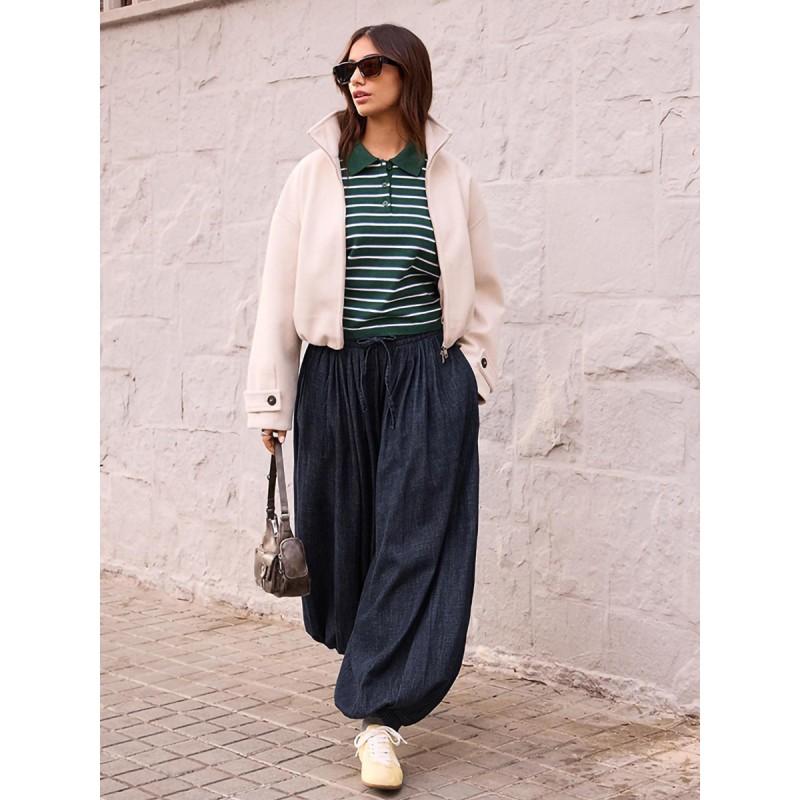 Womens Loose Fit Bell Bottom Jeans Pants Blue Elastic Waist Casual Vintage Style 2026