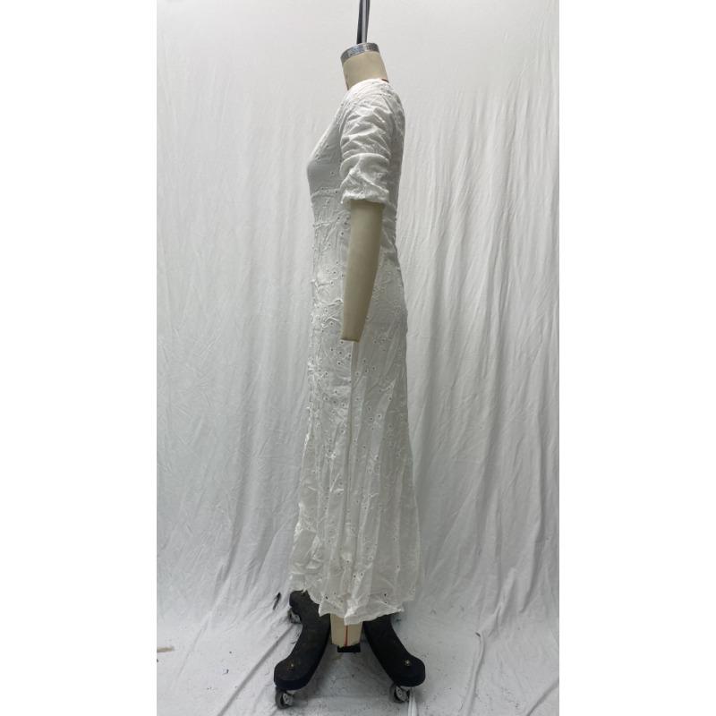 Women's Summer Deep V Bubble Sleeve Lace Hollow Slim Long Dresses