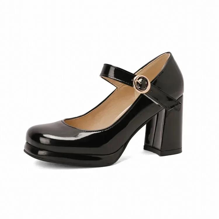 

Fashion PU Patent Leather Green Navy Blue Closed Toe Mature Ladies Office Pumps Buckle Strap Vintage Women Mary Janes Shoes Block Heels 43 чёрный