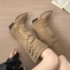 Vintage Thick Heel Women Knee High Boots Fashion Button Combination Splicing Knight Long Booties  Shoes  De Mujer