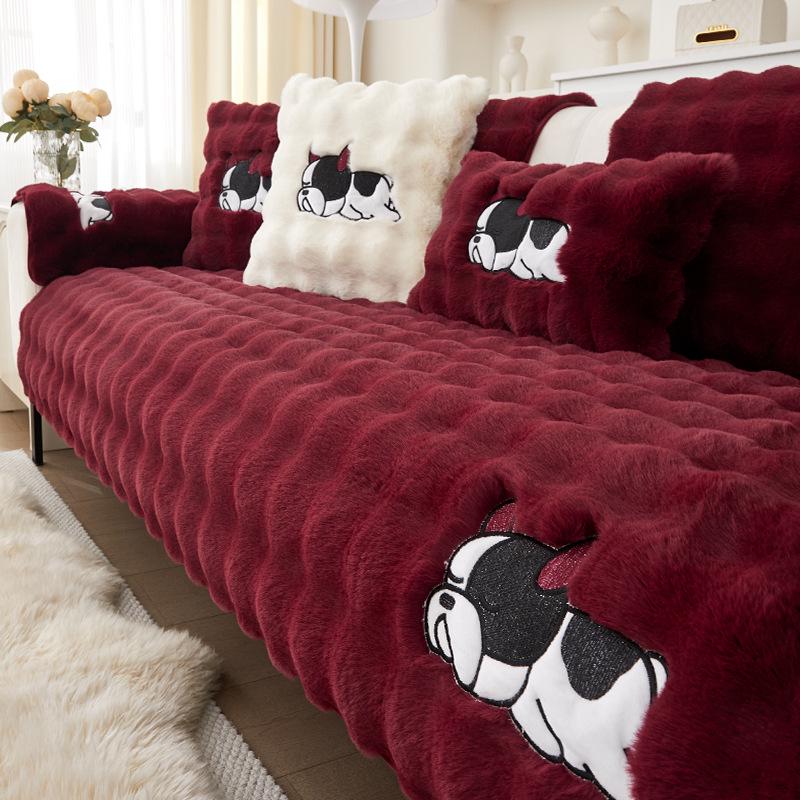 Large Rabbit Fur Plush Sofa Cushion - Winter 2025 Fleece Lined, Thickened, Non-Slip Leather Cover