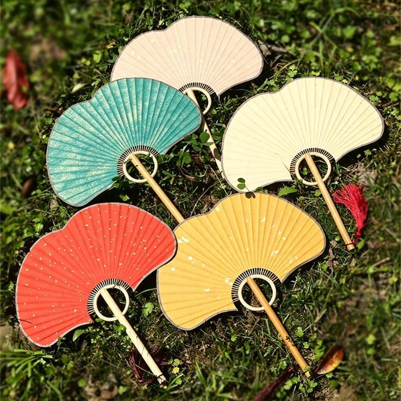 Handmade Hand Fan Handheld Cooling Fan Photograph Props Chinese Styles Fan with Long Handle for Cosplay Dances Party